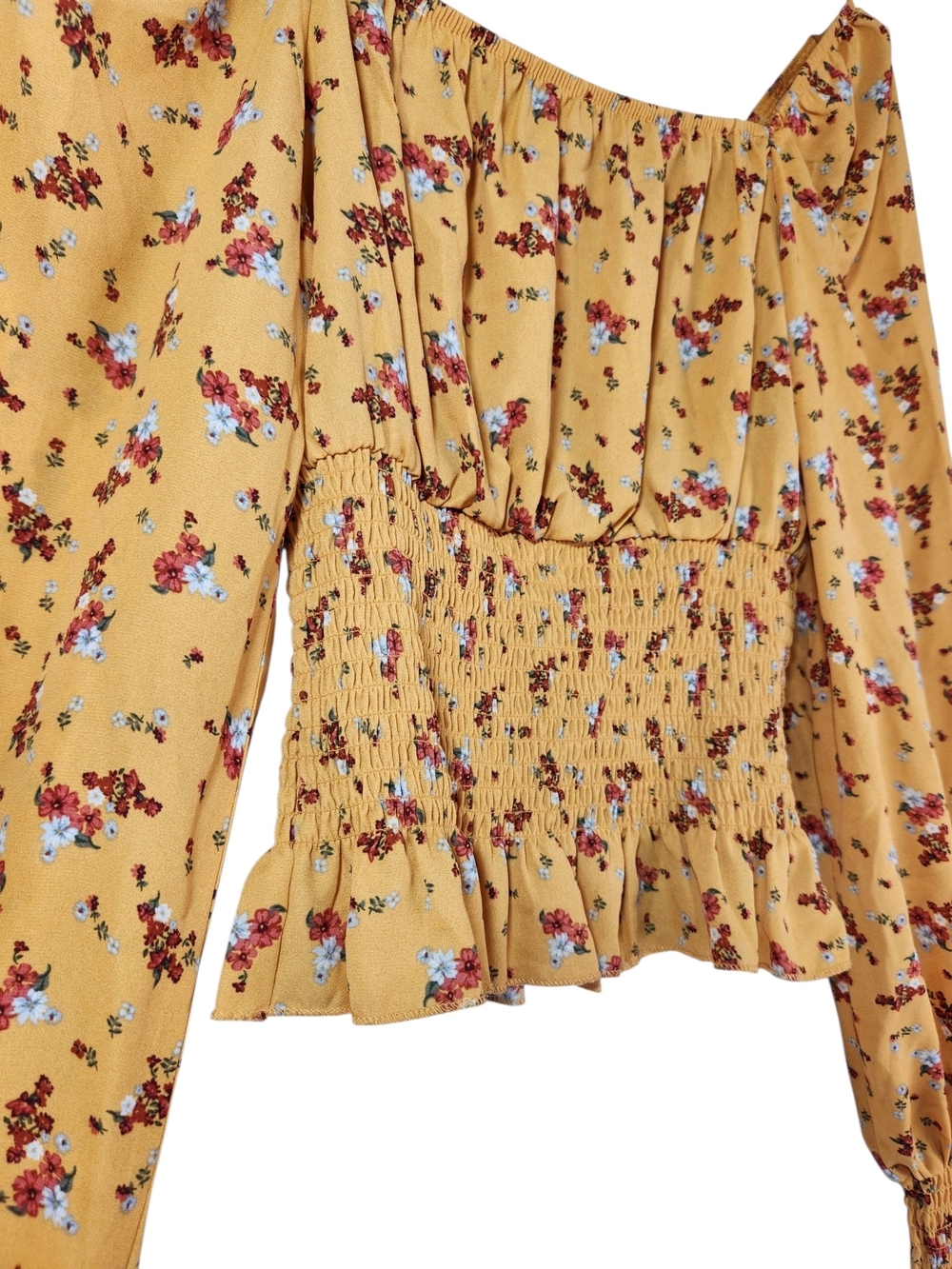 Ultra Flirt Floral Smocked Peplum Peasant Top Yellow Long Sleeve Square Neck S - Picture 7 of 13
